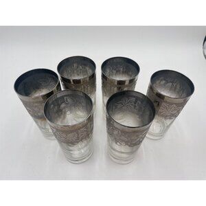 Vintage Silver-Trimmed Ombre Floral Highball Glasses Set Of 6 1950’s Set Of 7 Do